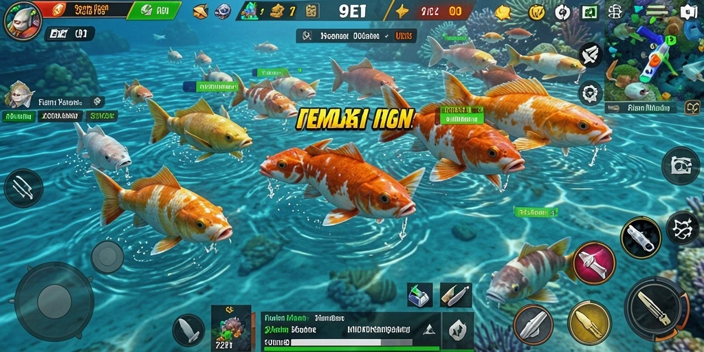 Gameplay seru 9ET dengan berbagai jenis ikan untuk ditembak.