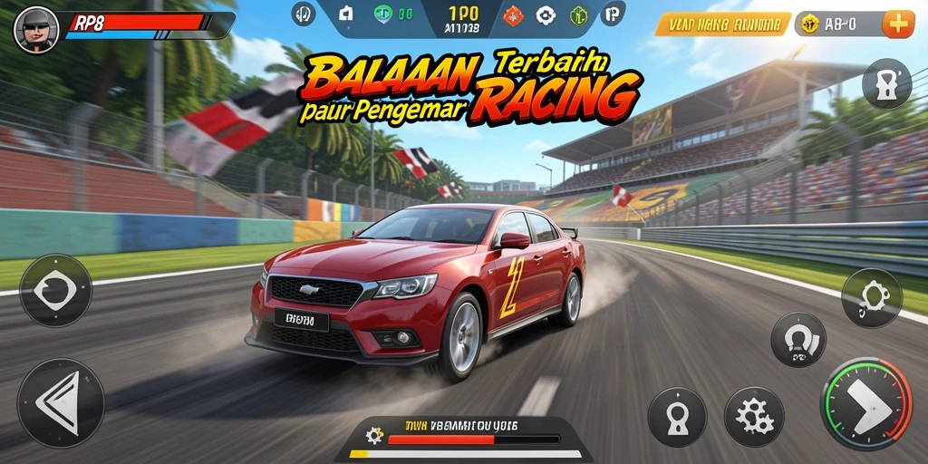 Screenshot RP8 menampilkan aksi balapan yang intens dan mobil yang berkecepatan tinggi.