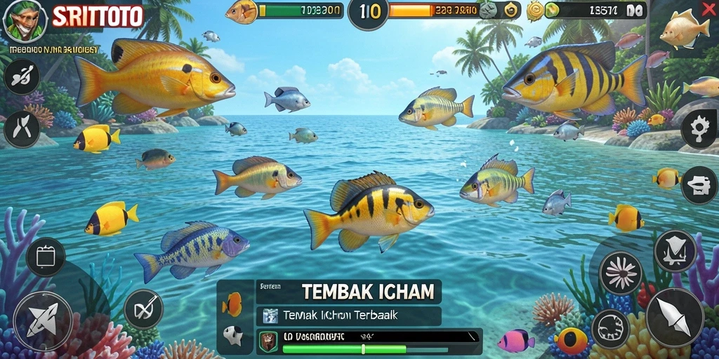 Tampilan gameplay SRITOTO sambil menangkap ikan yang berwarna-warni dan seru.